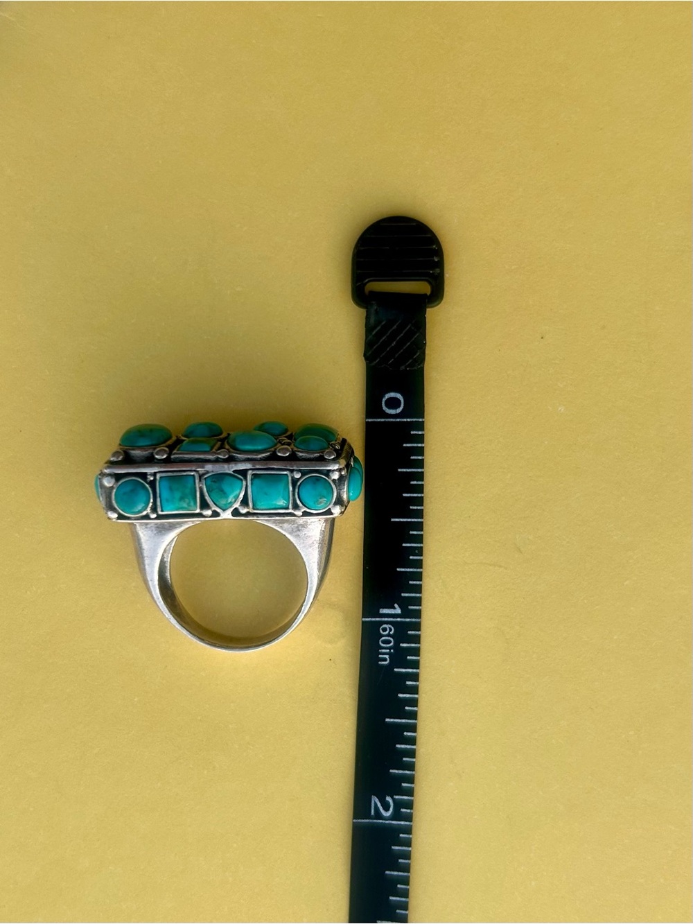 WOW! Wide Rectangle Sterling Silver Turquoise Cluster Bar Ring Size 7.5 Vintage - Picture 8 of 10